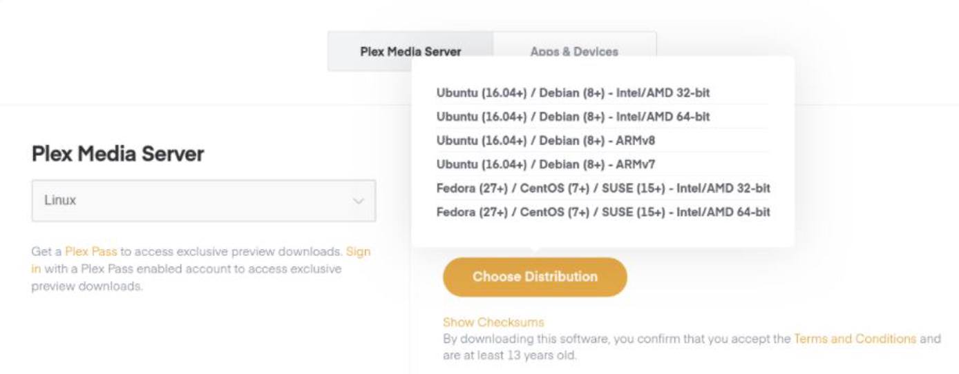 Plex server downloads page.