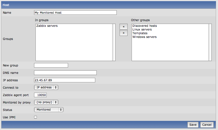 Zabbix add host screen.