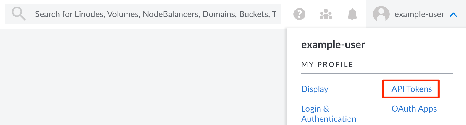 Screenshot of the user dropdown menu with the API Tokens link selected